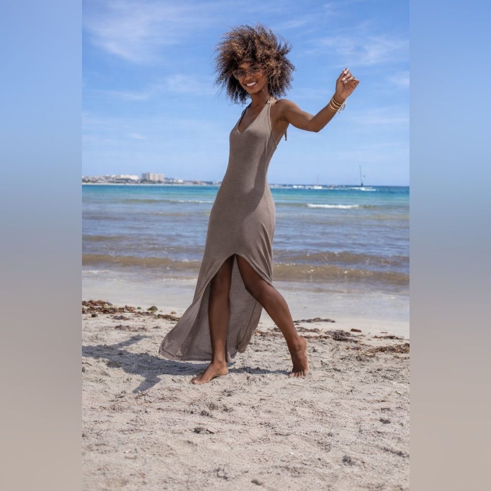 Fobya Women's Long Summer Dress - BeigeTan/Cream - Size XL